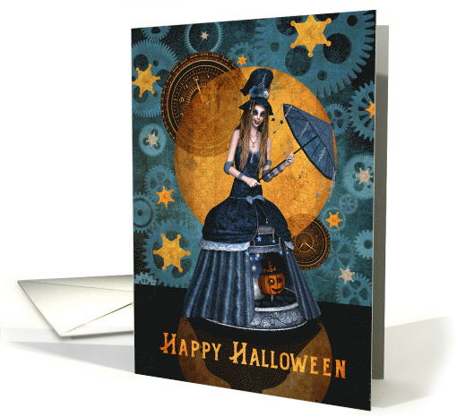 Steampunk Witch in Pumpkin Carousel Dress Happy Halloween card