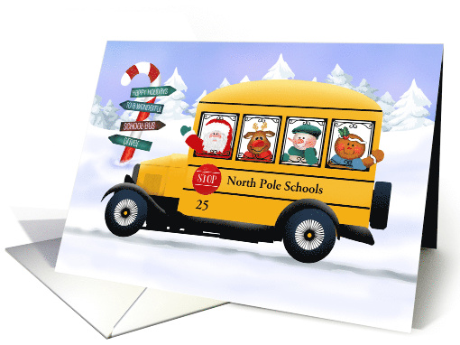 Custom Front School and Bus Number Vintage Santa Bus Christmas card