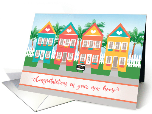 Colorful New Beach Home with Palm Trees Congratulations card (1623584)