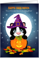 Custom Front Granddaughter Happy Halloween Kitty Cat and Pumpkin card