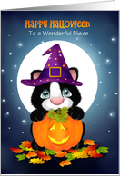 Custom Front Niece Happy Halloween Kitty Cat and Pumpkin card