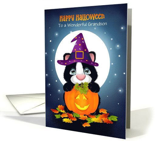 Grandson Custom Front Happy Halloween Kitty Cat and Pumpkin card
