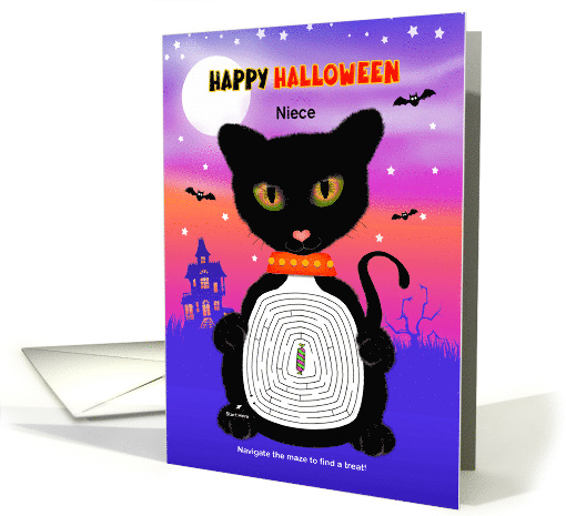 Custom Front Niece Black Cat Maze Happy Halloween Activity card