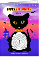 Custom Front Niece Black Cat Maze Happy Halloween Activity card