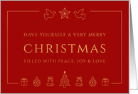 Christmas Greetings with Gold Christmas Icons in Red Greeting card