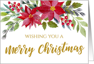 Christmas Greetings with Watercolor Poinsettia and Gold Calligraphy card