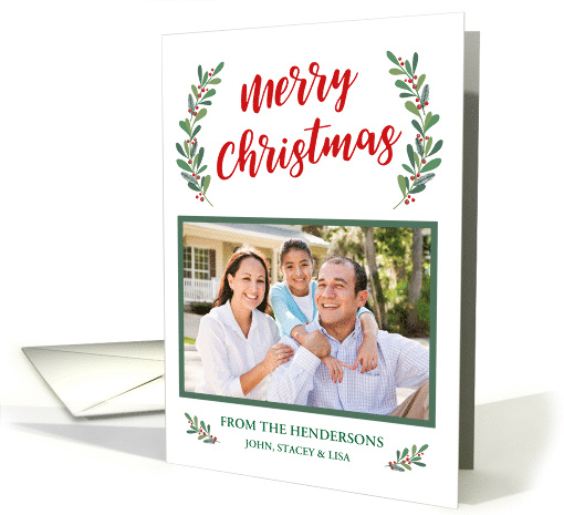 Christmas Photo Greetings with Hand Drawn Holly and Calligraphy card