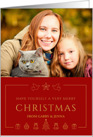 Christmas Photo Greetings with Gold Christmas Icons in Red Background card