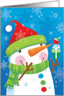 Cute Snowman with Christmas present and Red Bird card