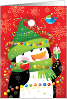 Cute Penguin Christmas Present Blue Bird Garland card