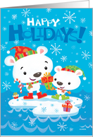 Cute Polar Bears Presents on an Iceberg Happy Holidays card