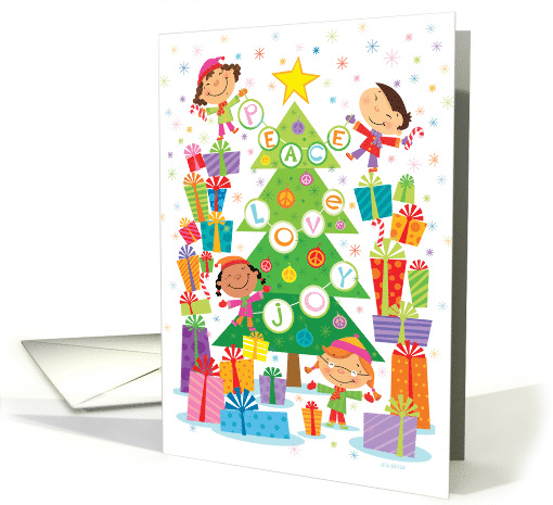 Peace Love and Joy Christmas Tree with Kids and Presents card