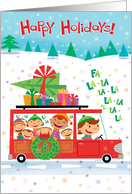 Happy Holidays Station Wagon with Kids Presents and Christmas Tree card