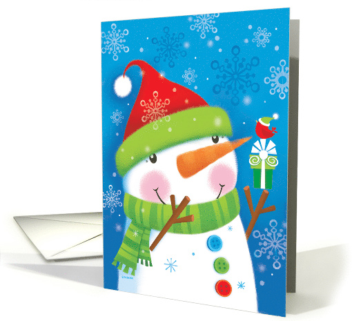 Cute Snowman with Christmas present and Red Bird card (1540802)