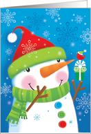 Cute Snowman with Christmas present and Red Bird card