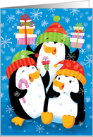 Cute Penguins with Christmas Presents and Snowflakes card