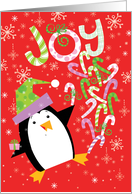Cute Penguin Balancing Candy Canes and Joy card
