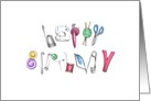 Happy Birthday Sewing materials Spelling Words Blank card