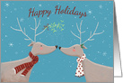 Happy Holidays Christmas Reindeers Kissing Mistletoe card