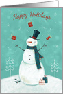 Happy Holidays Christmas Snowman Juggling Presents in the Snow card