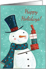 Happy Holidays Christmas Snowman Carrying a Stack of Presents card