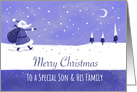 Blue Snowy Santa Landscape Son & Family Christmas card