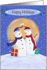 Happy Holidays Christmas Snowmen blue sky moon card