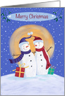 Merry Christmas Snowmen blue sky moon card