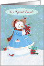 Special Friend Christmas Snowlady holding Poinsettia flowers card