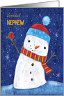 Nephew Cute Naive Style Snowman with Robin Bird card