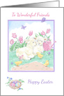 Wonderful Friends Easter Lambs with Spring Tulips and Chicks card