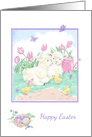 Happy Easter Lambs with Spring Tulips and Chicks card