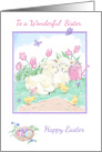 Sister Easter Lambs with Spring Tulips and Chicks card