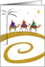 Three Kings on Camels Gold Swirl Star Christmas card