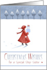 Special Step Sister in Red Coat Snow Christmas card
