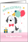 Cousin Birthday Cute Dog with Balloons and Gifts card