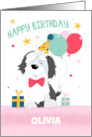 Custom Front Name Specific Birthday Cute Dog with Balloons and Gifts card