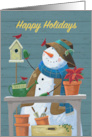 Happy Holiday Gardening Snowman with Red Cardinal Birds card