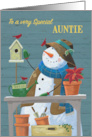 For Auntie Gardening Snowman with Red Cardinal Birds card