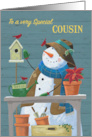 For Cousin Gardening Snowman with Red Cardinal Birds card