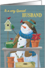 Husband Gardening Snowman with Red Cardinal Birds card