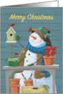 Merry Christmas Gardening Snowman with Red Cardinal Birds card