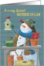 Mother in Law Christmas Gardening Snowman with Red Cardinal Birds card
