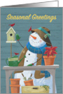 Seasonal Greetings Gardening Snowman with Red Cardinal Birds card