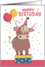 Birthday Highland Cow Party Hat and Balloons card