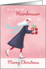 Hairdresser Christmas Modern Skating Girl with Gifts card