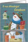 For Gardener Snowman with Red Cardinal Birds and Plant Pots card