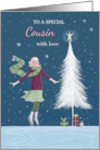 Cousin Christmas Girl with Modern White Tree card