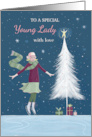 Young Lady Christmas Girl with Modern White Tree card
