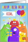 Girl Kids Happy Birthday Party Monsters card